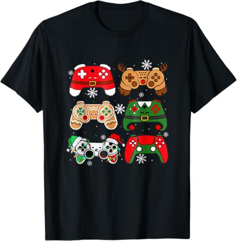 Christmas Shirt Santa Elf Gaming Controllers Gamer Xmas T-Shirt